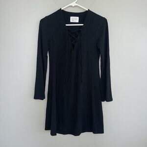 Southcott Woman’s Black Mini Dress Size 0 Small Lace Up V-neck 3/4 Bell Sleeve